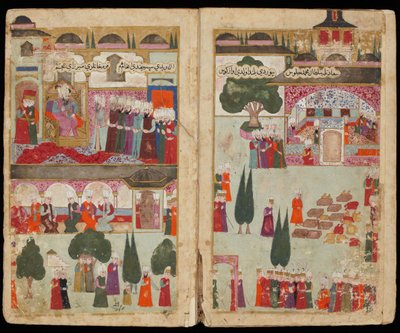 Le couronnement du sultan otoman Mehmet III (1566-1603) au palais Topkapi, en 1595 - Korunovace Mehmeda III. v paláci Topkapi v roce 1595 (z rukopisu tažení Mehmeda III. v Maďarsku) - turecký mistr - ca. 1600 - Akvarel a inkoust na papíře - The od Turkish School