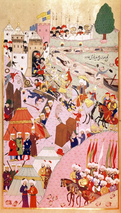 Útok sultána Mehmeta II. „Dobyvatel“ (1432–1481) na Bělehrad, z „Hunernamy“ (paní Hazine. 1524) od Turkish School
