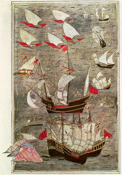 Osmanská flotila Tarik-y Bayezid (inkoust a zlatý list na pergamenu) od Turkish School