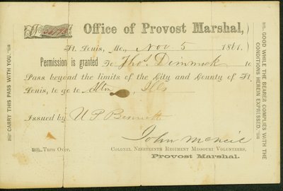 Vojenský průkaz Thomase Dimmocka, podepsán UP Bennett, 5. listopadu 1861 od U. P. Bennett
