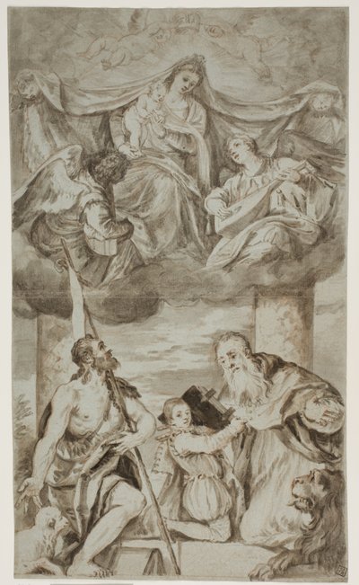 Panna a dítě mezi anděly v oblacích se svatými Janem Křtitelem a Jeronýmem podle obrazu Paola Veronese dříve v S. Francesco della Vigna, Benátky od Ubekendt Ubekendt