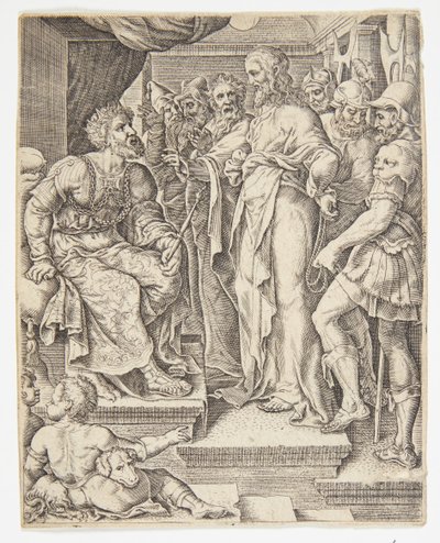 Kristus před Herodem od Ubekendt efter Dirck Volckertsz. Coornhert efter Maarten van Heemskerck