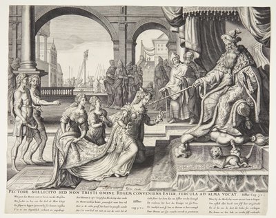 Ester před Ahasverem a pozvala ho na hostinu od Ubekendt efter Philips Galle efter forlæg af Maarten van Heemskerck