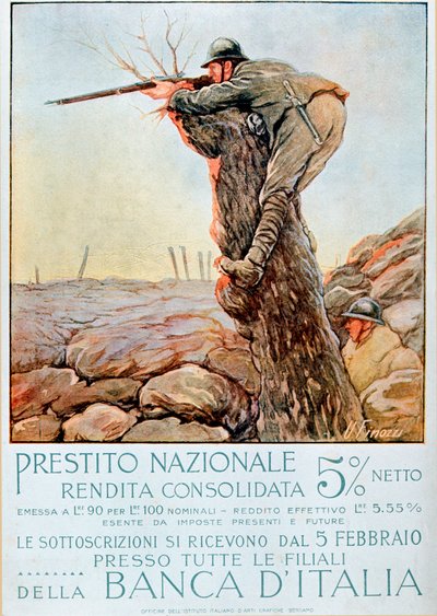 První světová válka: Italský plakát povzbuzující národní půjčování. Ilustrace Ugo Finozzi (20. století). 1914-1918 Pozor! Použití tohoto díla může být podmíněno žádostí o autorizaci třetí osobě nebo zaplacením dalších poplatků od Ugo Finozzi