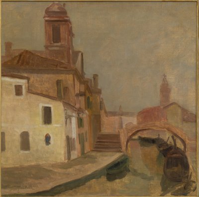 Domy a most v Chioggia (olejomalba na plátně) od Ugo Martelli