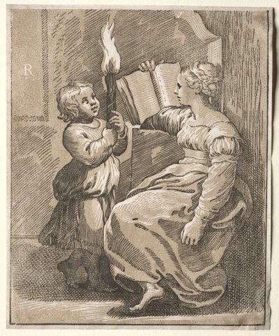 Sibyla čtení s dítětem držícím pochodeň, 1518-27. od Ugo da Carpi