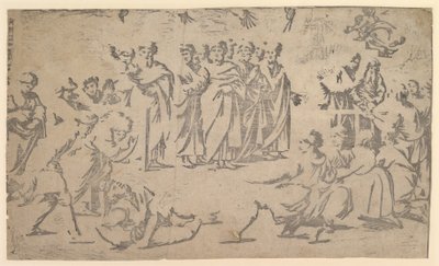 Smrt Ananiáše obklopeného apoštoly, 1518. od Ugo da Carpi