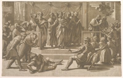 Smrt Ananiáše, obklopeného apoštoly, 1518. od Ugo da Carpi
