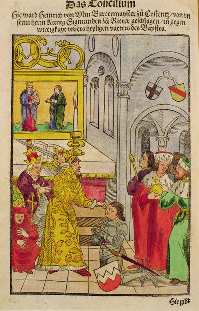 Jindřich z Ulmu získal rytířský titul od císaře na kostnickém koncilu, od ‚Chronik des Konzils von Konstanz‘ od Ulrich von Richental