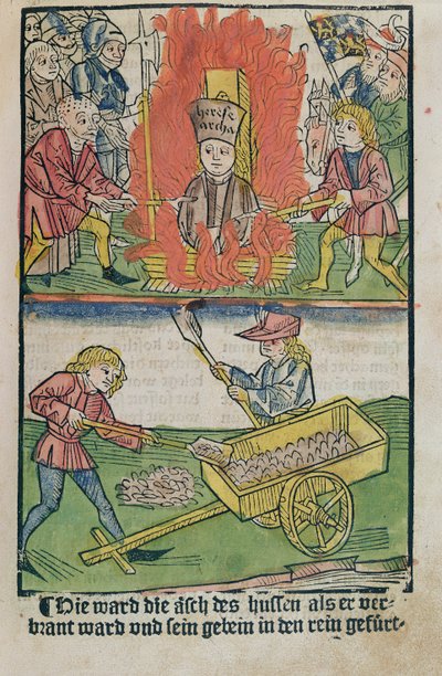 Jan Hus upálen na kostnickém koncilu, z „Historie kostnického koncilu“, vydané 1483 od Ulrich von Richental