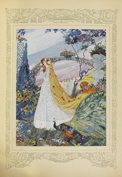Své kudrnaté vlasy si vždy zakrývala korunou květin na hlavě, ilustrace z „Contes du Temps Jadis“ nebo „Tales from Times Past“, s. 10 od Umberto Brunelleschi