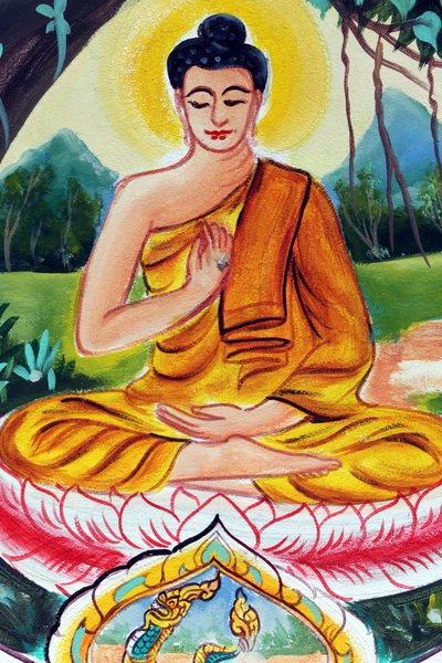 20151029, Vientiane, Laos: buddhistický chrám Wat Inpeng. Obraz zobrazující životní příběh Buddhy Šákjamuniho. Učící Buddha zobrazuje konkrétní okamžik v životě Buddhy, konkrétně první kázání, které Buddha pronesl po dosažení osvícení. od Unbekannt