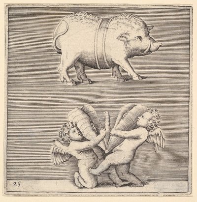 Opásané prase a dva Cupids aneb Géniové s motýlem nebo můrou, vydáno ca. 1599-1622. od Unbekannt