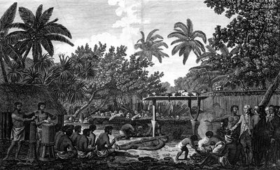 Lidská oběť v Morai, v Otaheite, za přítomnosti kapitána Cooka, c1773 od Unbekannt