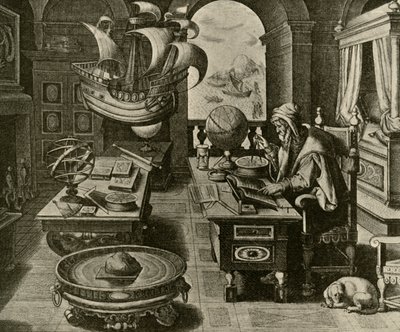 Navigační expert při práci ve svém studiu s Globe and Compass, c1591, 1928. od Unbekannt