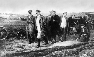 Obraz K, Finogenova od J, V, Stalina, G, K, Ordjonikidze, M. I. Kalinina, L. M. Kaganoviče a A. A. Ždanova na experimentálním poli Institutu pro autotraktory od Unbekannt