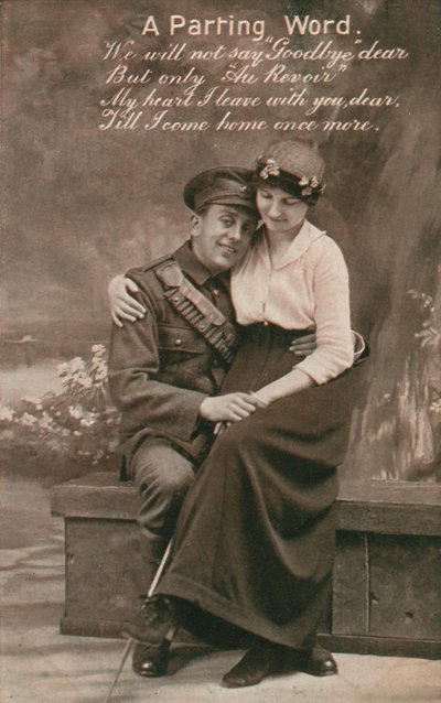 A Parting Word, romantická pohlednice s vojákem a jeho milou od Unbekannt