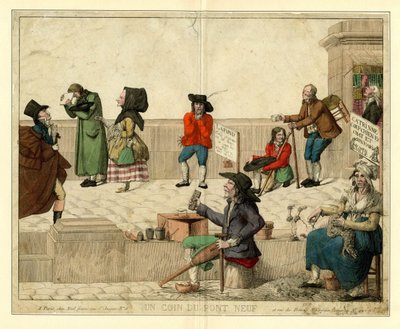 Roh Pont Neuf v Paříži s chromými žebráky a pouličními prodavači, cca 1813. od Unbekannt