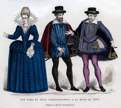 Dáma a dva pánové ve francouzských šatech z let 1605 1882-1884 od Unbekannt