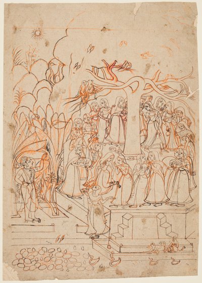 List ze série Baramasa: měsíc Jyestha květen-červen, Krišna sleduje Gopíe..., c. 1760. od Unbekannt