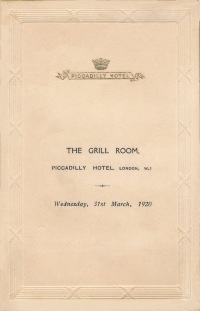 Menu pro The Grill Room v hotelu Piccadilly, Londýn, 1920 od Unbekannt