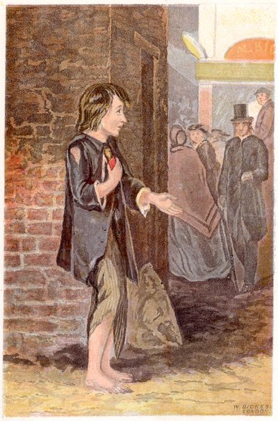 Chudý chlapec, bez bot a v hadrech, žebrající na rohu ulice, c1880 od Unbekannt