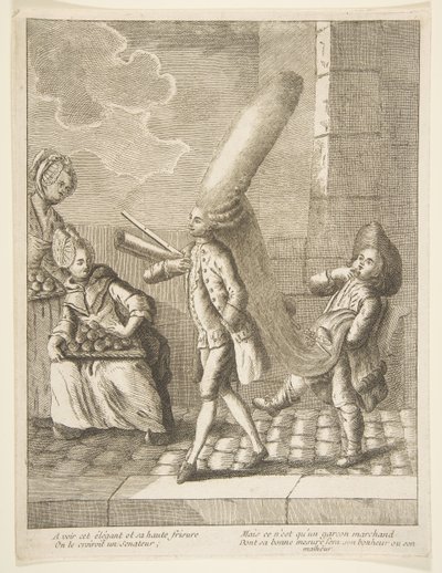 Chcete-li vidět jeho elegantní det a jeho vysoké kadeře, mysleli byste si, že je senátor, ale je to jen..., 1720-75. od Unbekannt