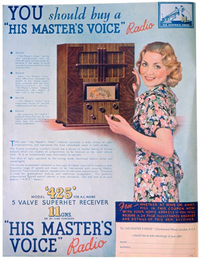 Reklama na vysílačky Hlas jeho mistrů, 1936 od Unbekannt