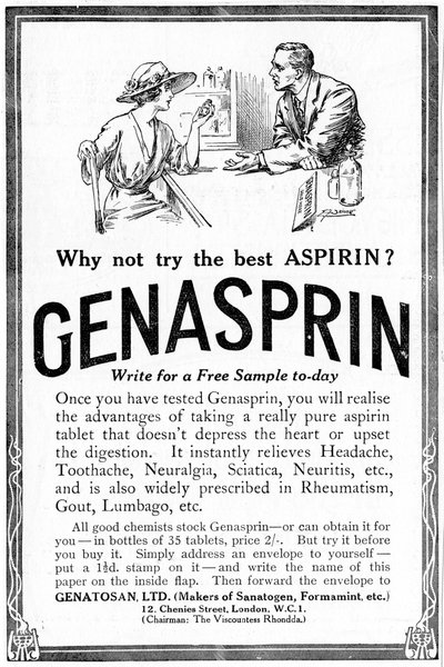 Reklama na Genasprin, proprietární značku léku Aspirin. 1919 od Unbekannt