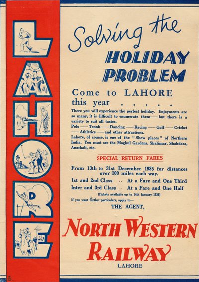 Reklama na North Western Railway propagující cestování do Lahore, 1936. od Unbekannt