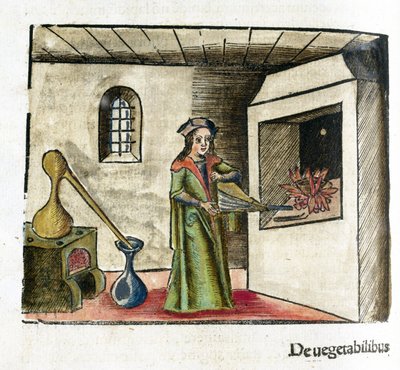 Alchimie 16e siecle: un alchimiste au travail, activant un soufflet devant la cheminee de son atelier, derriere lui, un poele et un alambic od Unbekannt