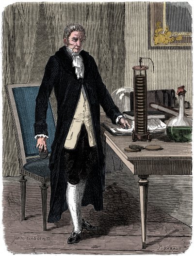 Alessandro Volta, italský fyzik, předvádí svou elektrickou baterii, c1800 c1870 od Unbekannt