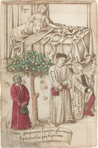 Opice ve fialové s nemocným mužem, dobrým mužem a lakomcem [fol. 36 verso], c. 15121515. od Unbekannt