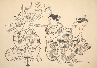 Oiran sedící v salonu aplikuje oheň na obnažená záda jiné ženy. od Unbekannt