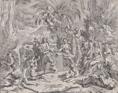 Alegorie malby, která jako dítě uprostřed vlevo kreslí na tablet, surrou..., 1650-1700. od Unbekannt