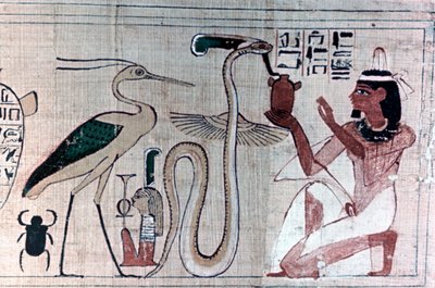Starověký egyptský papyrus smrti klečící před hadem od Unbekannt