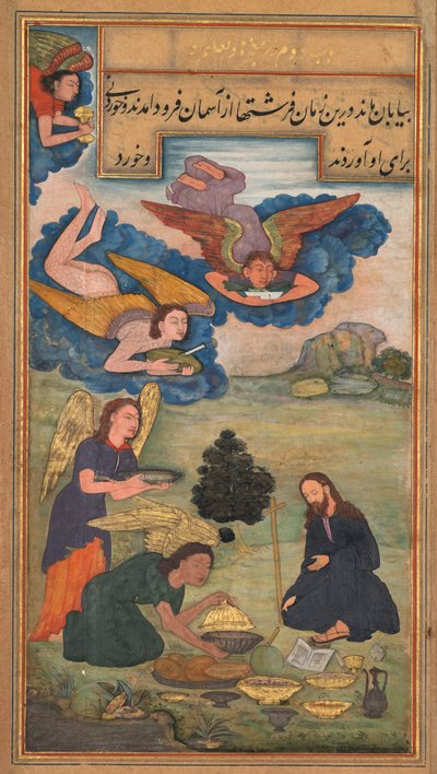Andělé přinášejí jídlo Ježíši v poušti z Mirat al-quds otce Jeroma Xaviera..., 1602 od Unbekannt