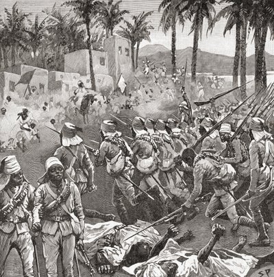Anglo-egyptské jednotky zaútočily na vesnici Ferkeh v bitvě u Ferkehu nebo Firketu 7. června 1896 během mahdistické války. od Unbekannt