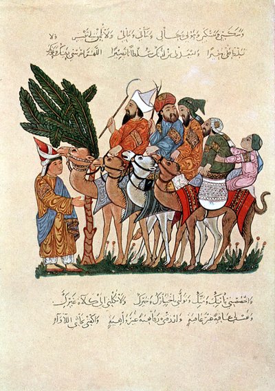 Arabští cestovatelé na velbloudech, přivítáni na konci své cesty od Unbekannt