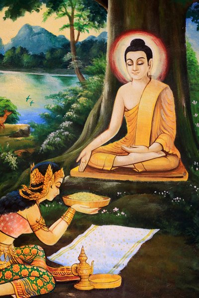 Asketický Buddha dostal ráno v den osvícení od Nandabaly misku s mléčnou rýží. Obraz zobrazující životní příběh Buddhy Šákjamuniho. Wat Ong Teu Krásné. Chrám těžkého Buddhy. Ventiane. Laos, 20151028, Vientiane, Laos od Unbekannt