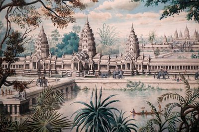 Muzeum asijských civilizací, Angkor, Prozkoumávání posvátného města Kambodže, Pohled na Angkor Wat, Tisk na kresbě Jacquese Guiauda podle náčrtu Henriho Mouhota, Pohled na Angkor Wat od Louise Delaporteho kolem let 1870-73, Singapur, 2018 (foto) od Unbekannt