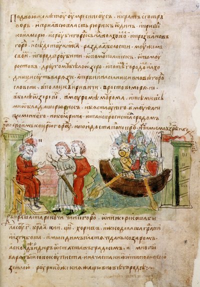 Askold a Dir požádal Rurik o povolení jít do Konstantinopole z Radziwillovy kroniky, 15. století od Unbekannt