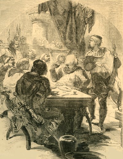 Na banketu pořádaném Haroldem dostává Zprávy o invazi Normanů, c1890. od Unbekannt