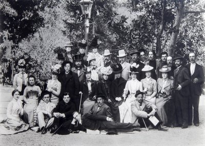 Autor Maxim Gorkij a Anton Čechov mezi herci Moskevského uměleckého divadla, 1900 od Unbekannt