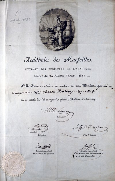 Babbage Diplom z Academie de Marseilles od Unbekannt