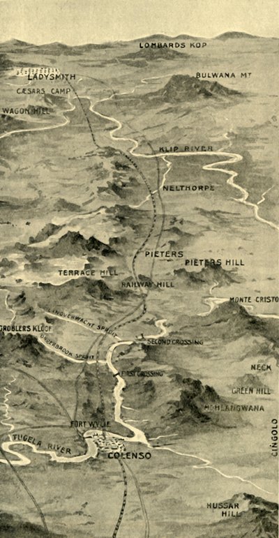 „Balónová mapa znázorňující bitvu u Pieters a reliéf Ladysmith“, 1900. od Unbekannt