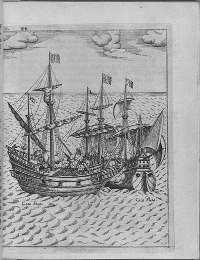Bitva mezi lodí Francise Drakese Golden Hind a španělskou lodí Cacafuego. Od Levina Hulsiu od Unbekannt