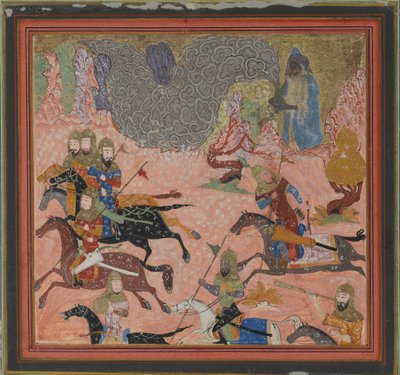 Bazur, kouzelník, vyvolává temnotu a bouři, Folio od Shahnamy..., ca. 1430-40. od Unbekannt