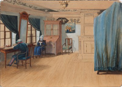 Interiér ložnice. Hrabě Jegor Francevič Kankrin 1774-1845 u svého stolu, 20. léta 19. století od Unbekannt