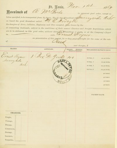 Nákladní list, parník M [ary] E. Forsyth, Sunnyside, Arkansas, 1. listopadu 1864 od Unbekannt